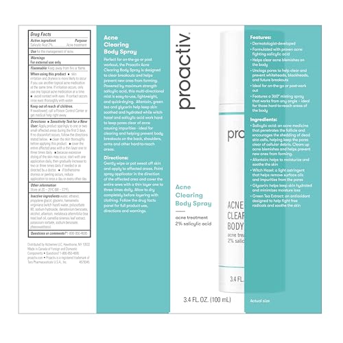 Proactiv Acne Clearing Salicylic Acid Body Spray, Multi-directional Mist for Back, Chest, Shoulders After Gym or Sweat, Formulated for Acne-prone Skin, 3.4 Fl Oz