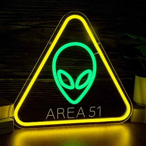 Alien Neon Sign - Area 51 LED Wall Decor with UFO Green Alien & Triangle Frame - Gamer Room & Man Cave Lighting - Variation: Alien