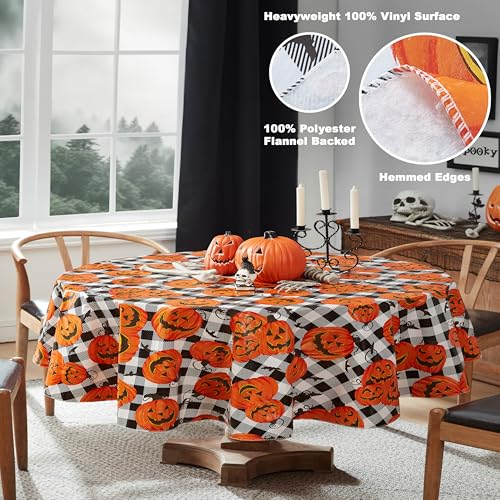 Halloween Jack O' Lantern Vinyl Tablecloth 60 x 84 Inch Oval with Flannel Backing