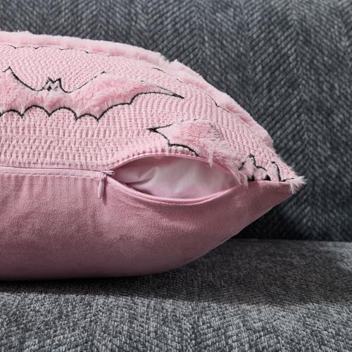 Halloween Pillow Covers 18x18 Inch Set of 2 Pink Bat with Black Eyes Faux Fur Plush Throw Pillow Cases for Sofa Bed Couch Home Decor Variation of THIS listing
