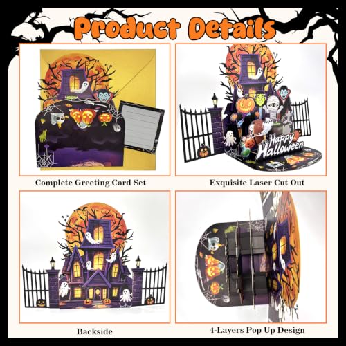 Pop Up Halloween Greeting Card with Envelope for Kids & Adults - 3D Haunted Scene