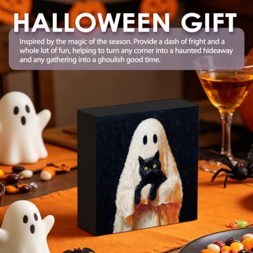 Halloween Ghost and Black Cat Wood Sign - Spooky Cute Decor for Home & Office