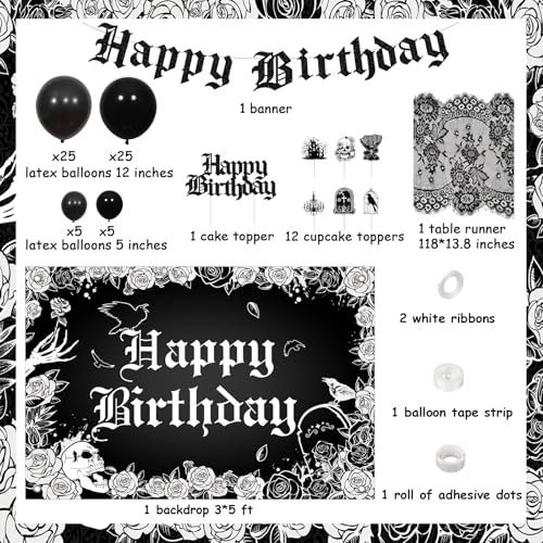 Gothic Birthday Party Decorations Set - Skull Skeleton Backdrop Banner Cake Toppers