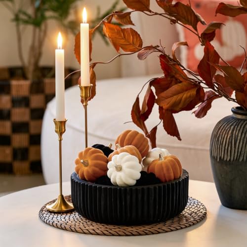 Mini Fall Pumpkin Decor Set of 12 - Velvet Pumpkins in Orange, Black, Khaki & White with Silver Stems