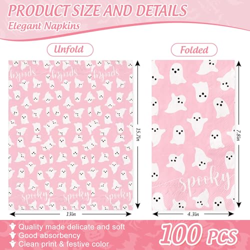 Pink Halloween Ghost Guest Napkins - 100 Pack Disposable Party Table Supplies