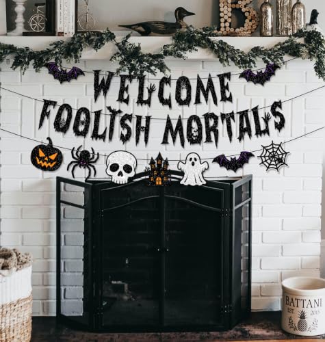 Halloween Party Banner Set - Welcome & Foolish Mortals Glitter Decorations