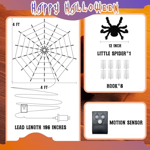 Vanthylit Halloween Spider Web Lights with Motion Sensor & Music - Purple & Orange 4FT 84LED Indoor Outdoor Decor