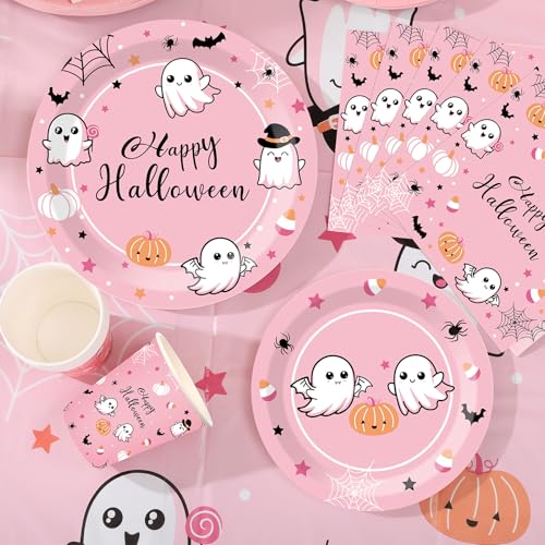 Pink Halloween Party Supplies Set for 24 Guests - Plates, Cups, Napkins & Tablecloths