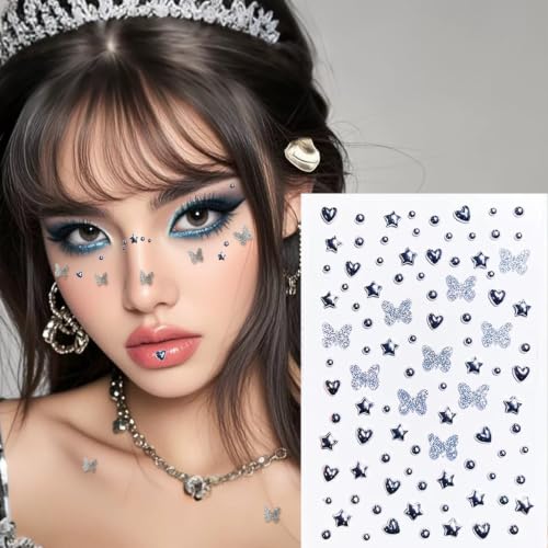 NOOEPC Face Gems Stickers - Silver Butterfly 2 Self-Adhesive Rhinestones for Makeup & Festivals