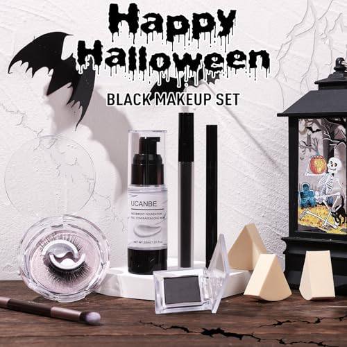 Halloween Black Makeup Kit - White Foundation, Black Lipstick & Eyeliner, False Lashes, Sponges & Brush