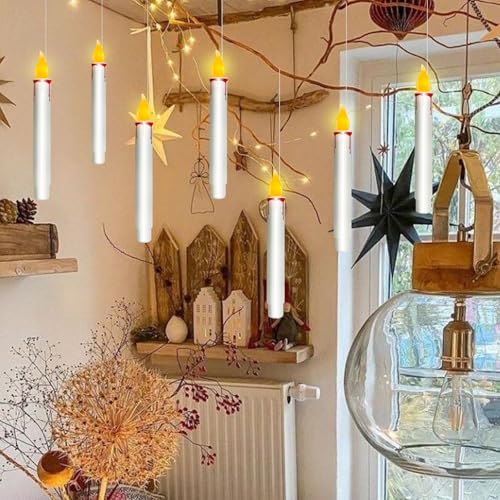 White Floating Candles with Remote - 10 Pack Flameless Hanging LED Taper Candles