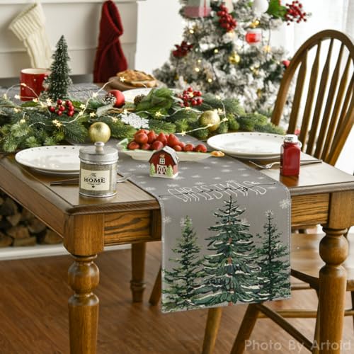Christmas Tree Snowflake Table Runner - Green, 13 x 72 Inch Holiday Decor