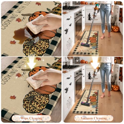 KIMODE Fall Decor Kitchen Rugs Set - Plaid & Pumpkin, Non-Slip, 2-Piece