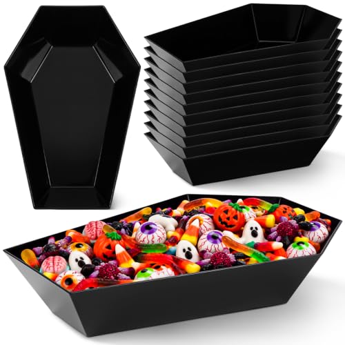 Halloween Candy Bowl Set - 12 Black Coffin-Shaped Plastic Serving Trays for Party