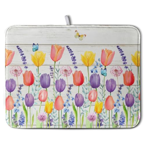 Spring Tulip Floral Dish Drying Mat - Reversible Watercolor Kitchen Counter Protector 18x24 Inch