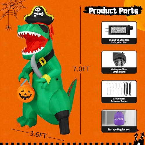 7 FT Halloween Dinosaur Inflatable Outdoor Decor with Pumpkin & LEDs