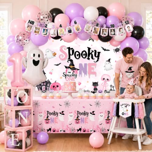 Pink Halloween Birthday Decorations Kit for Girl, 1st Birthday Party Supplies with Backdrop, Balloons, Cake Toppers & More