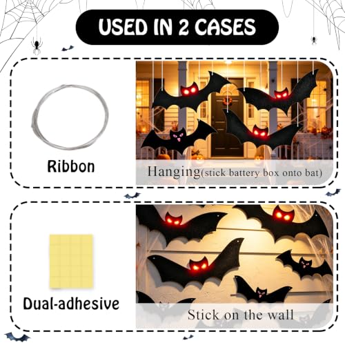 Lighted Halloween Hanging Bats - 9 Black Flying Bats + 3 LED Lighted Bats Outdoor Indoor Decor