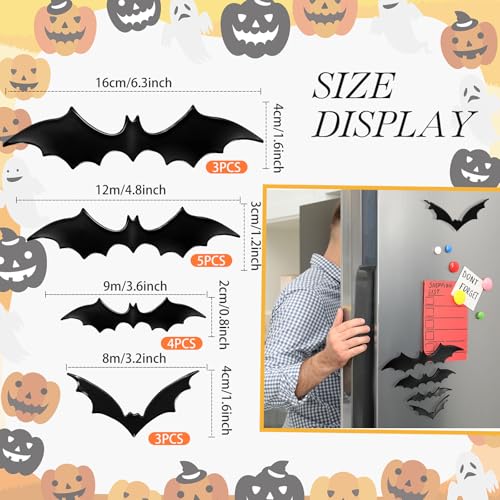 Halloween Bat Magnets Set - 15 Black 3D Refrigerator & Decor Magnets - Multiple Sizes