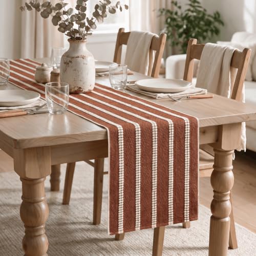 Caramel Farmhouse Dashed Stripe Table Runner - 12x72 Inch Seasonal Holiday Decor - Boho Rustic Kitchen Dining