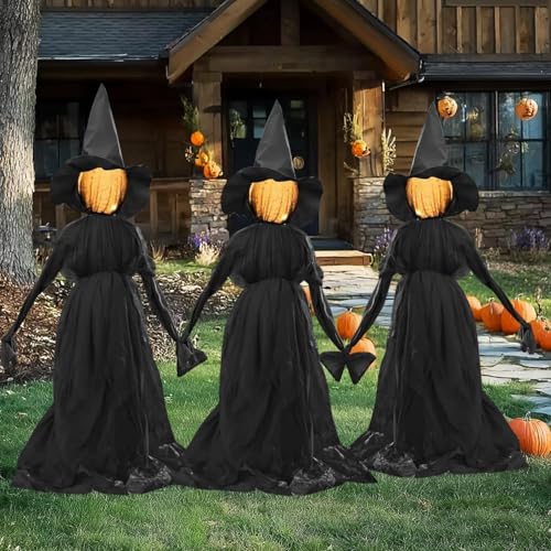 Halloween Witch Decorations Outdoor - 5 FT Set of 3 Light Up Witches Stakes - Black