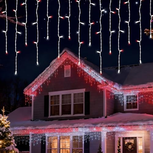 7ft Icicle String Lights - Red & White Twinkle LED Holiday Decor - Waterproof