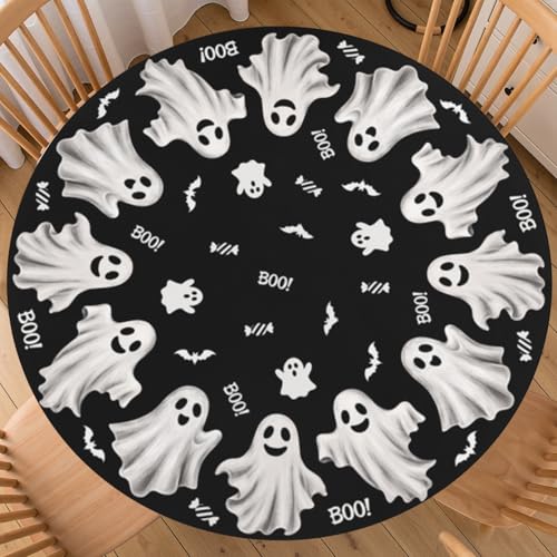 Halloween Round Fitted Tablecloth Spooky Ghosts Bats Waterproof 40-44 Inch - Wood Brown / 60"