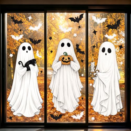 Halloween Ghost Window Clings - Extra Large Spooky Bats, Cats & Pumpkins, 3 Sheets, Indoor Outdoor Decorations - Variation: Ghost