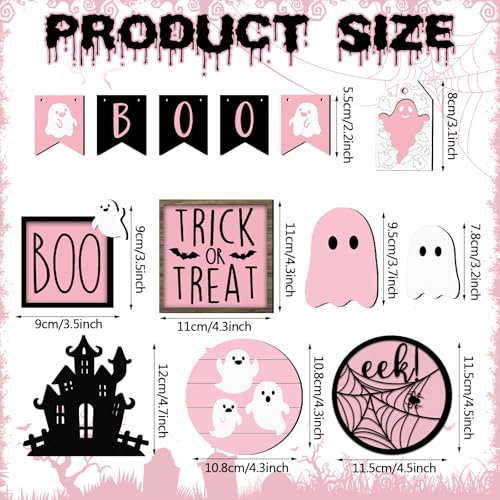 Pink Ghost Halloween Tiered Tray Decor Set - 15 Pcs Blush Pink Ghost & Boo Signs