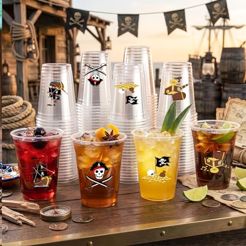 50 Pack Pirate Plastic Cups 12oz Treasure Theme Party Supplies