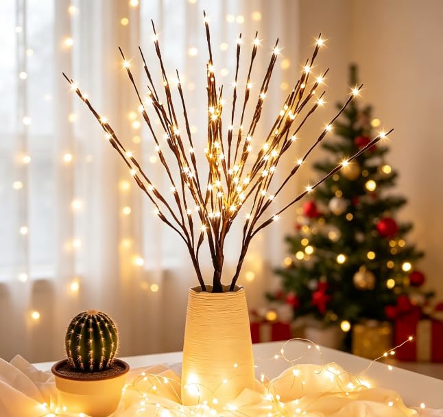 LED Branch Lights Battery Operated 30 Inch 20 Warm White Bulbs - 10 Pack, Flexible Willow Tree Filler
