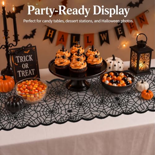 Halloween Black Lace Spider Web Table Runner 13x70 Inch - Spooky Decor