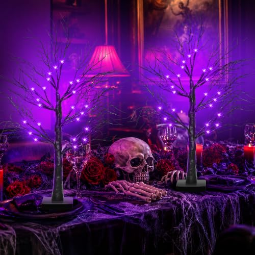 Purple Halloween Black Tree Decorations 24 Inch 2 Pack with Lights & Timer