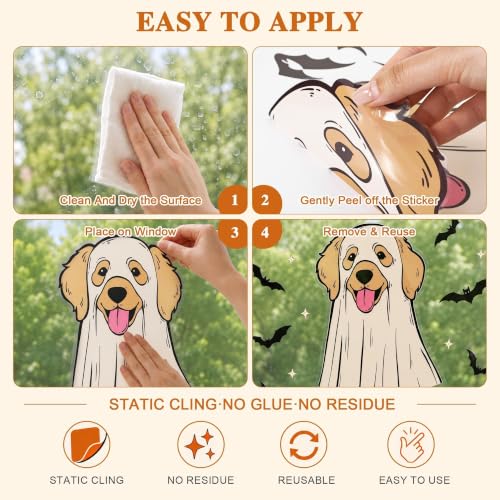 Halloween Window Clings 3pcs Dog Ghost Design Static Decals for Glass Doors & Windows - White, Yellow, Brown