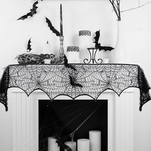 Halloween Mantel Scarf Black Lace Spiderweb for Fireplace Decor - 18x96 Inch - Black