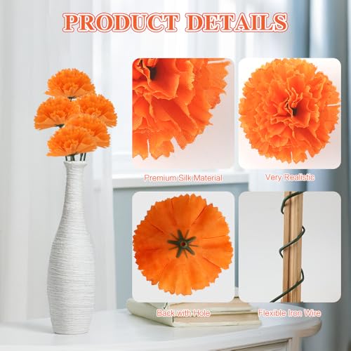 Artificial Marigold Flowers Set - 30pcs Silk Flowers with Stems for Decor & DIY Crafts - Orange, 30pcs