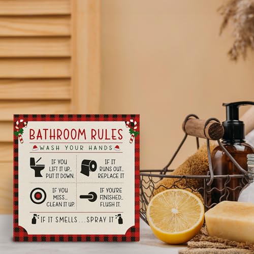Christmas Bathroom Rules Wooden Sign - Farmhouse Holiday Decor, 5x5 Inch