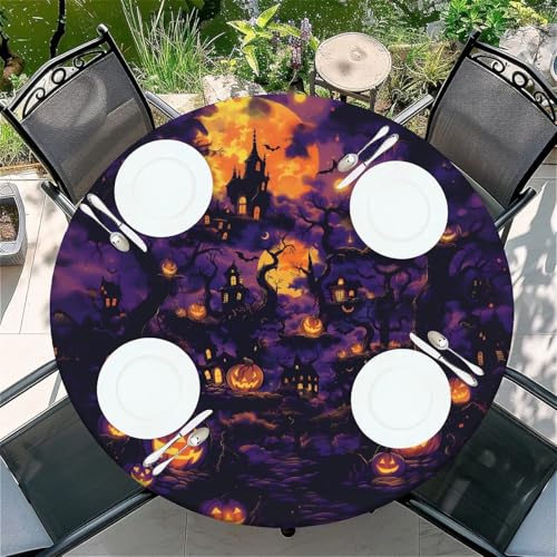 Halloween Spooky Round Fitted Waterproof Tablecloth 48 Inch for Indoor Outdoor