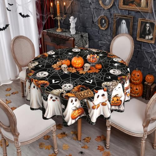 Halloween Ghost Black Round Tablecloth 90 Inch - Spooky Spider Web Fabric, Washable & Stain-Resistant