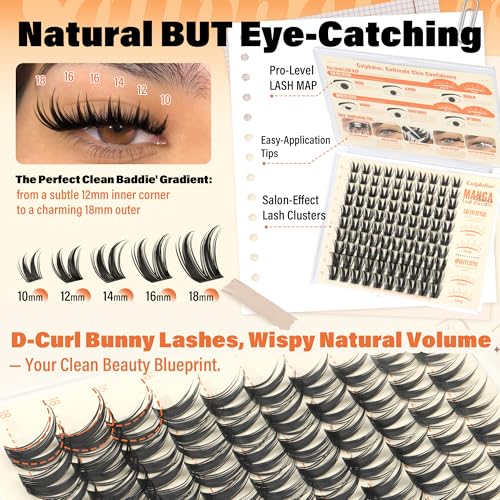 C-Bunny Wispy Lash Clusters - D-Curl Individual False Eyelashes 10-18mm, Light & Fluffy, DIY Cat Eye & Open Eye Looks