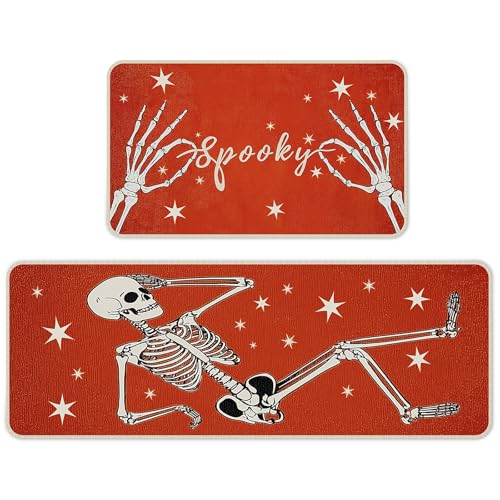 Halloween Kitchen Mat Set of 2 - Spooky Skeleton Design, Orange Variation 17x29 & 17x47 Inches