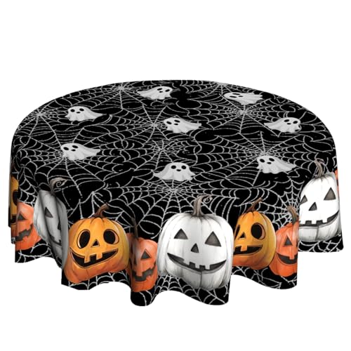 Halloween Round Tablecloth 60 Inch with Spiderweb & Pumpkin Design - Fall Autumn Decor