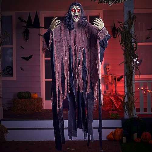 Halloween Zombie Decorations Outdoor Hanging Zombie Prop with Green Face and Lighted Eyes - Brown & Black Variation