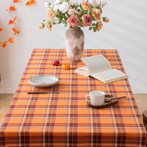 Round Fall Tablecloth 60 Inch Orange Red Plaid Thanksgiving Decor - AQOTHES