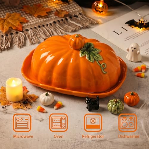 Orange Pumpkin-Shaped Ceramic Butter Dish with Lid - Dust-Proof Food Storage for Halloween & Thanksgiving