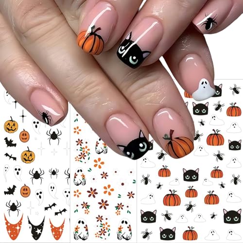 Halloween Cat Ghost Nail Stickers - 6 Sheets Self-Adhesive Nail Art Decals