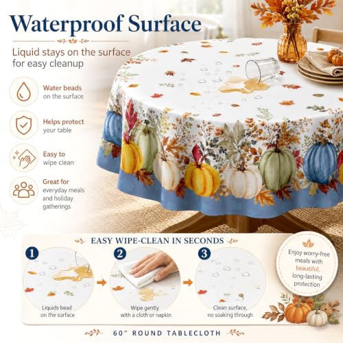 Yellow and Blue Fall Round Tablecloth 60 Inch Autumn Pumpkin & Maple Leaf Decor