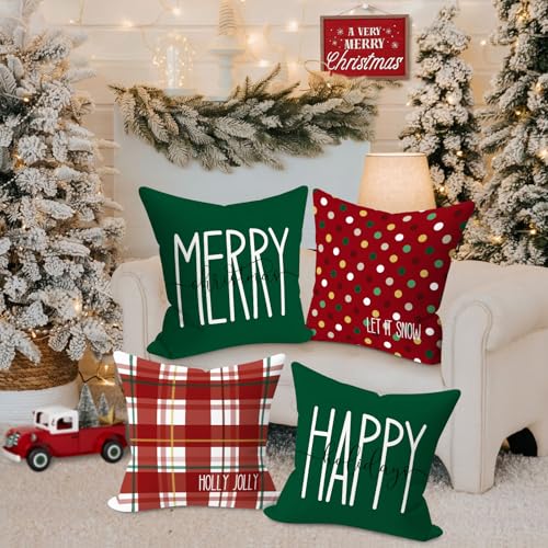 Christmas Pillow Covers 26x26 Inches Set of 4 - Red & Green Holiday Decor
