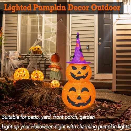 Lighted Pumpkin Halloween Outdoor Decor - 3FT Jack o Lantern with 8 Modes & Timer - Purple Hat Variation