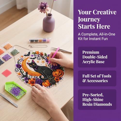 Halloween Black Cat Moon Diamond Art Suncatcher Kit - 10x10in Window Decor